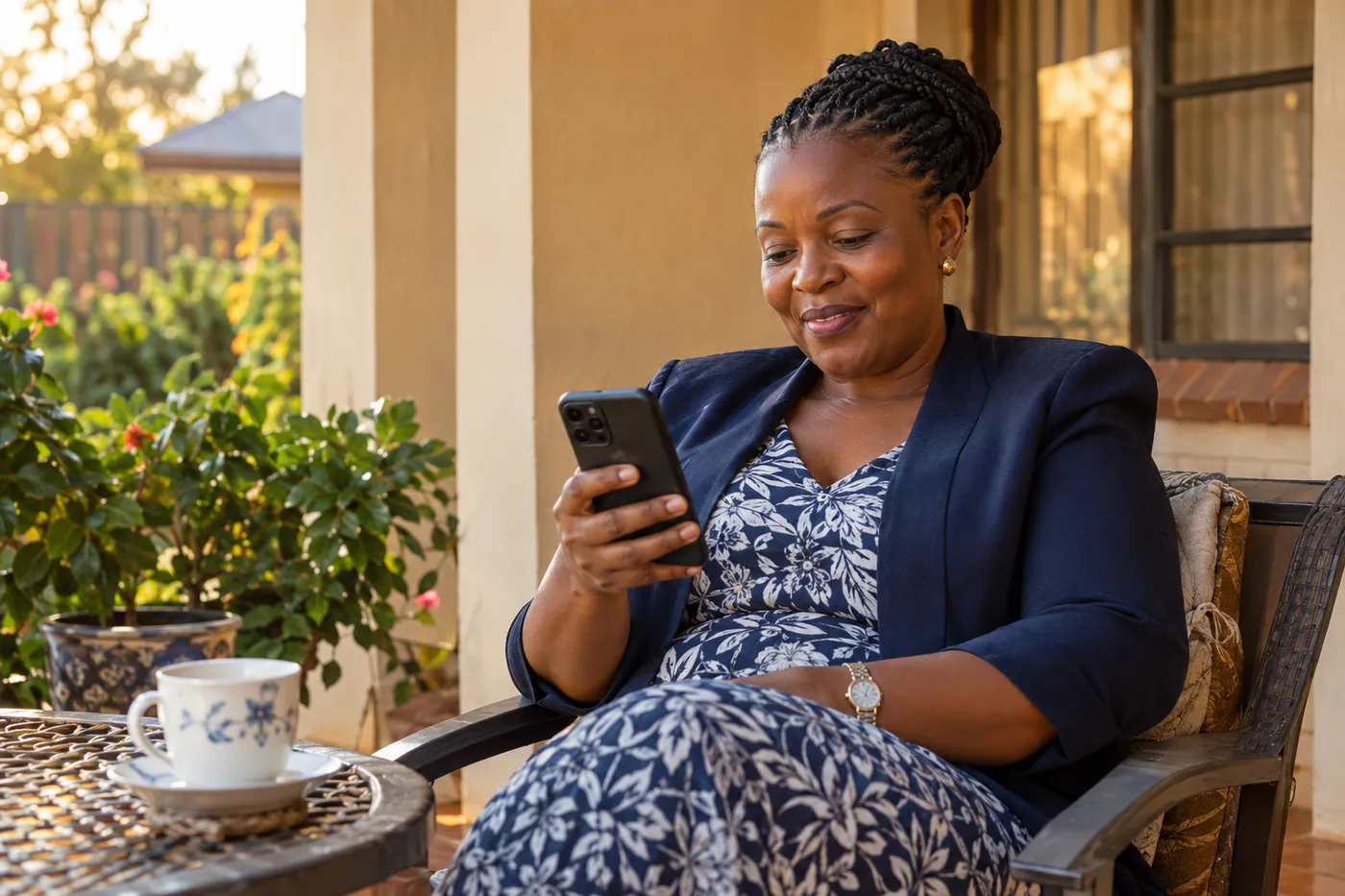 A woman on her veranda smiling at a payment notification on her phone
